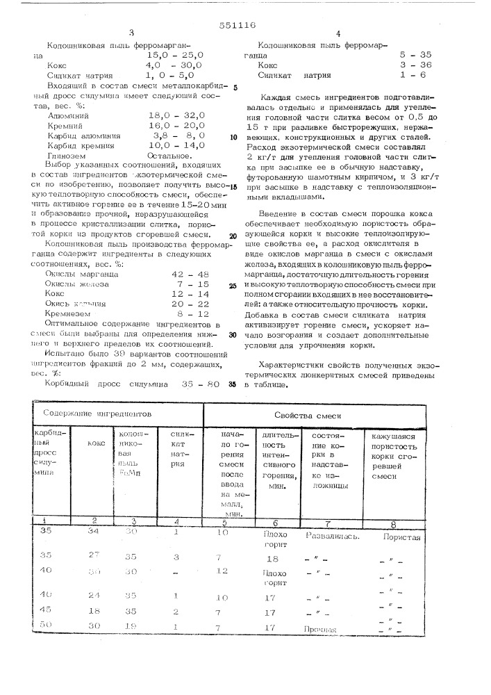 Экзотермическая смесь для утопления головной части слитка (патент 551116)