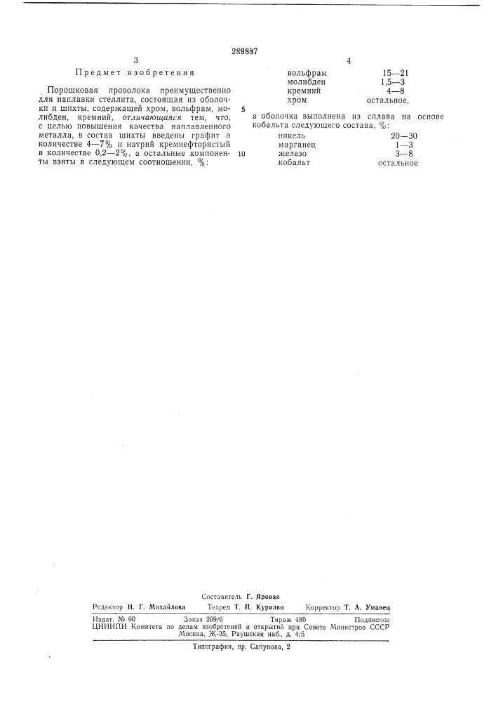 Порошковая проволока (патент 289887)