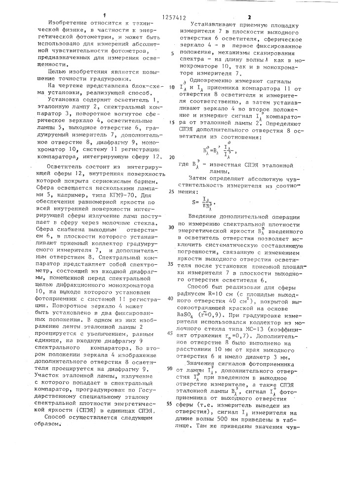 Способ градуировки измерителя спектральной освещенности по абсолютной чувствительности (патент 1257412)