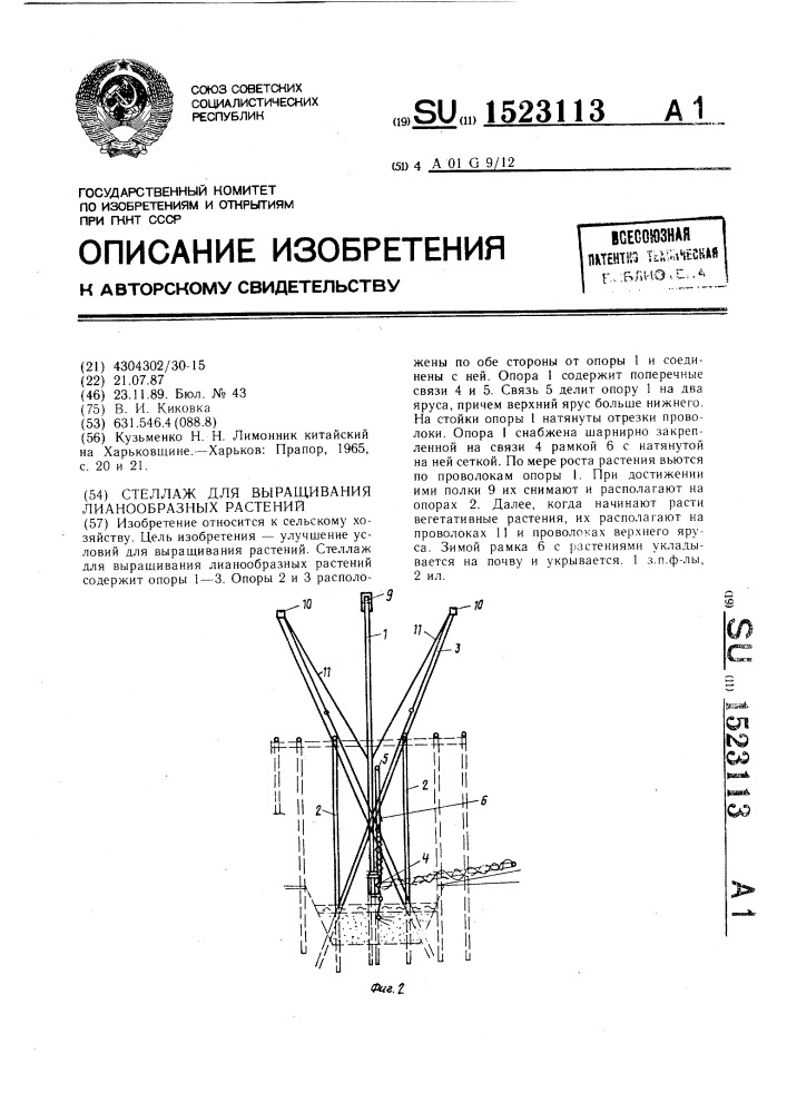 Стеллаж для выращивания лианообразных растений (патент 1523113)