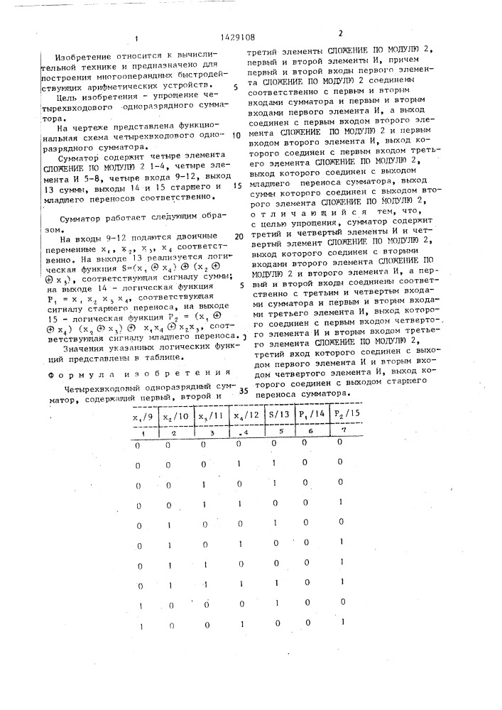 Четырехвходовый одноразрядный сумматор (патент 1429108)