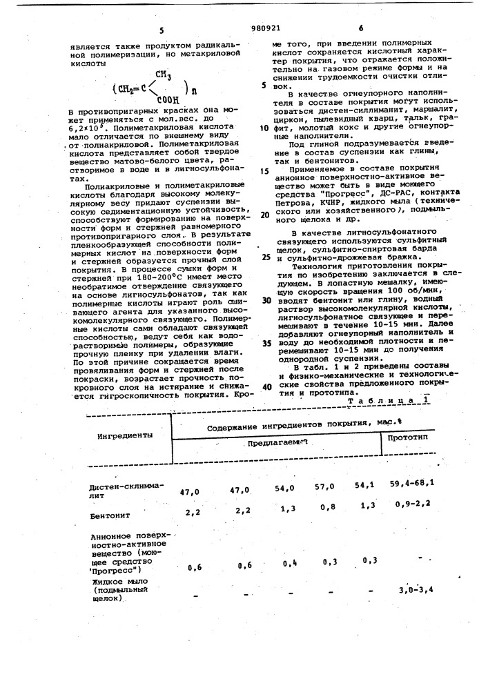 Противопригарное покрытие для литейных форм и стержней (патент 980921)