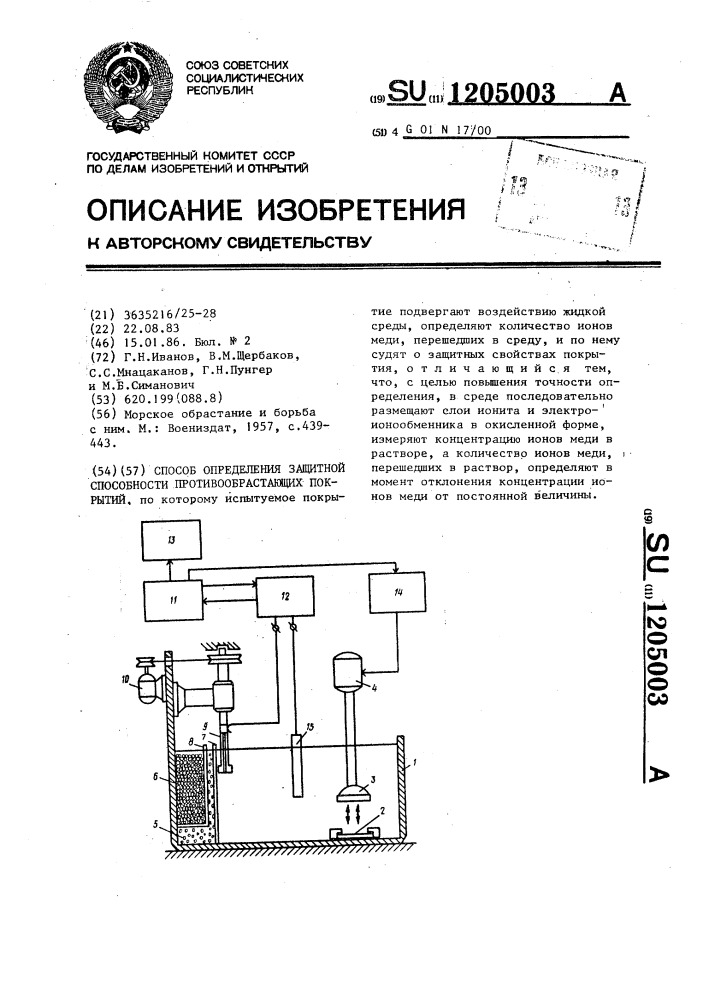 Способ определения защитной способности противообрастающих покрытий (патент 1205003)