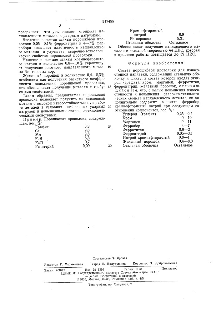 Состав порошковой проволоки (патент 517455)