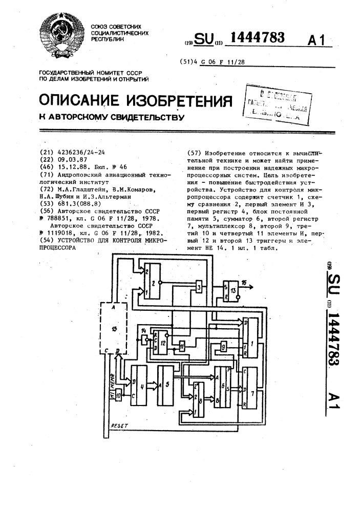 Устройство для контроля микропроцессора (патент 1444783)