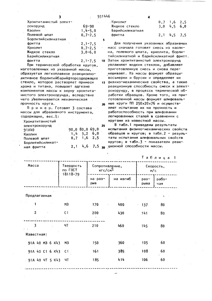 Масса для изготовления абразивного инструмента (патент 931446)