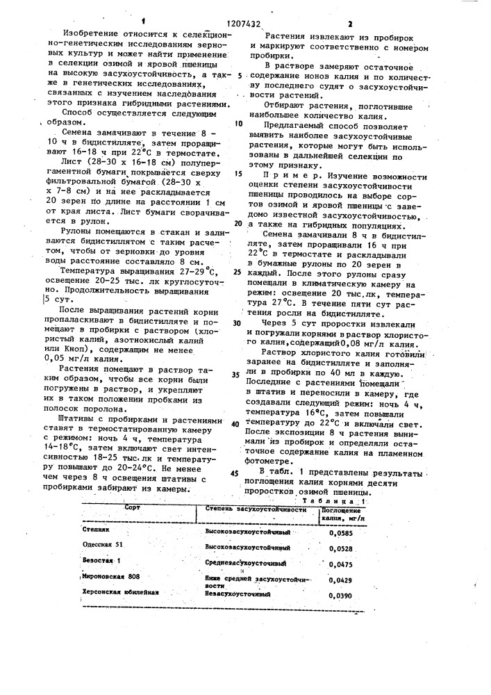 Способ определения засухоустойчивости растений пшеницы (патент 1207432)