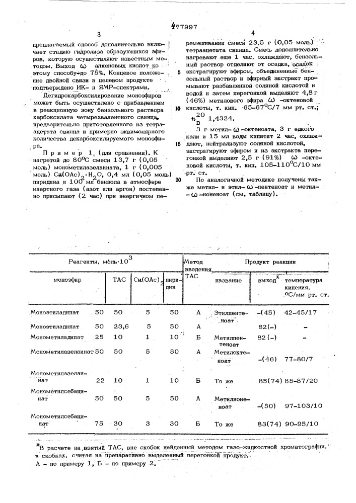 Способ получения -алкеновых кислот или их эфиров (патент 477997)