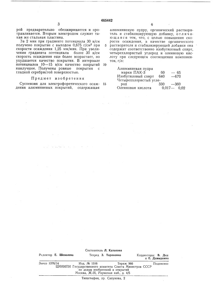 Суспензия для электрофоретического осаждения (патент 465442)