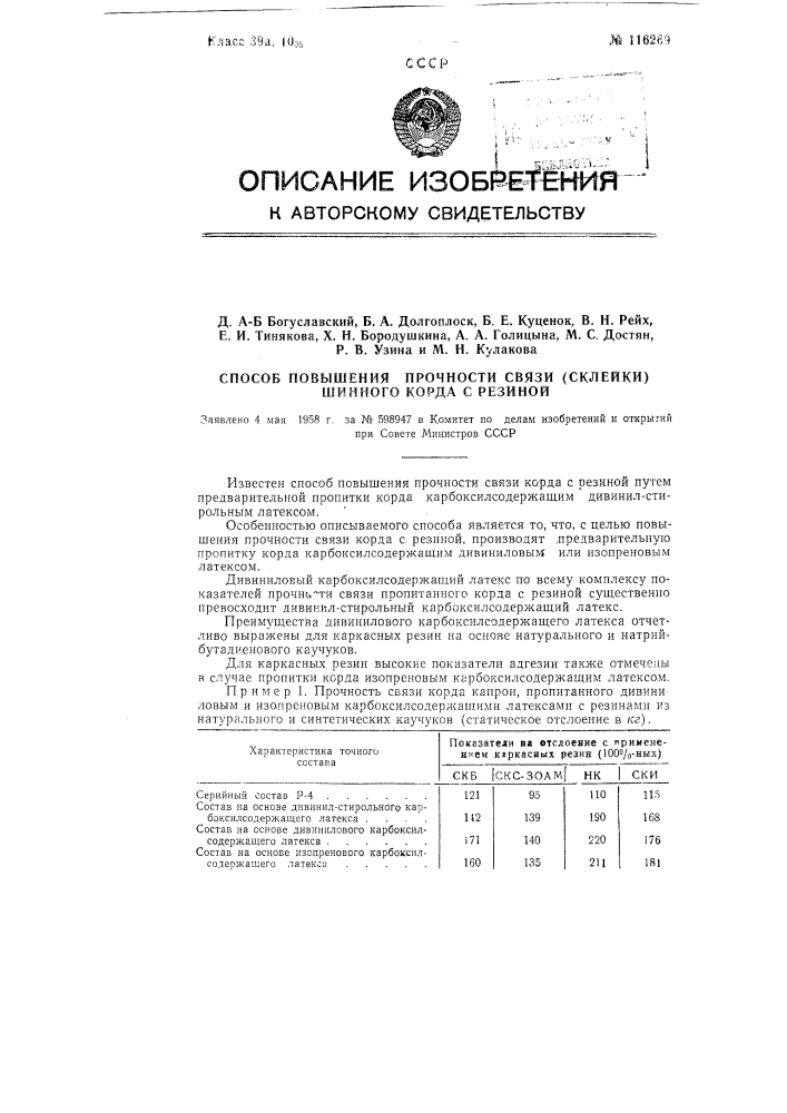 Способ повышения прочности связи (склейки) шинного корда с резиной (патент 116269)