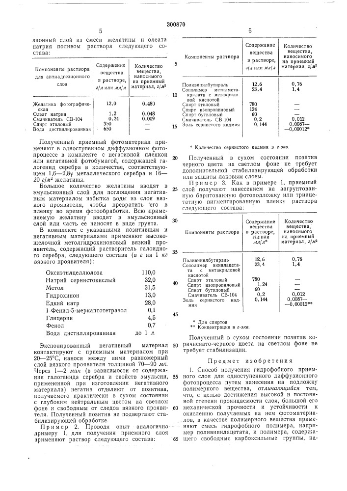 Способ получения гидрофобного приемного слоя для одноступенного диффузионного фотопроцесса (патент 300870)