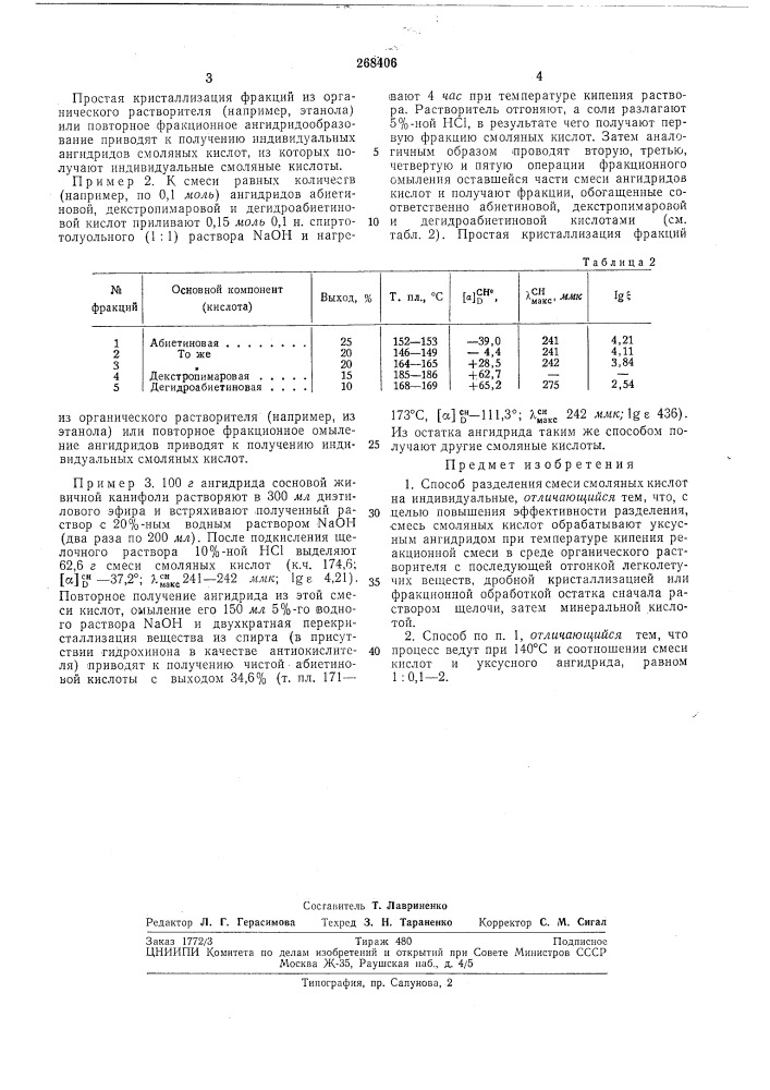 Способ разделения смеси смоляных кислот (патент 268406)