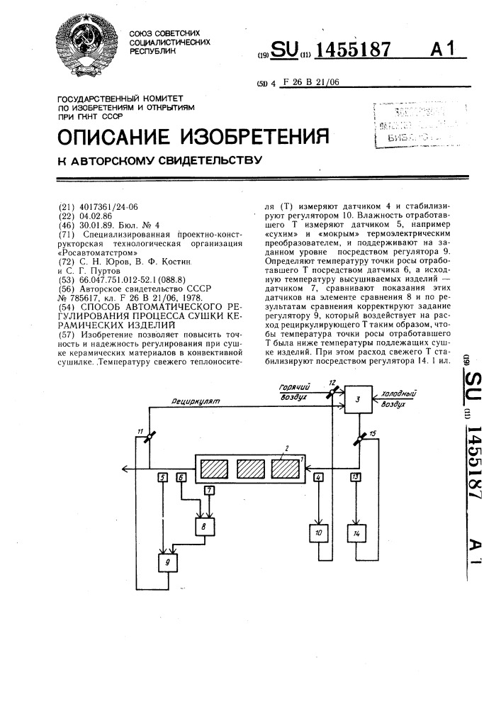 Способ автоматического регулирования процесса сушки керамических изделий (патент 1455187)