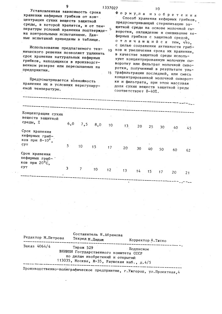 Способ хранения кефирных грибков (патент 1337027)