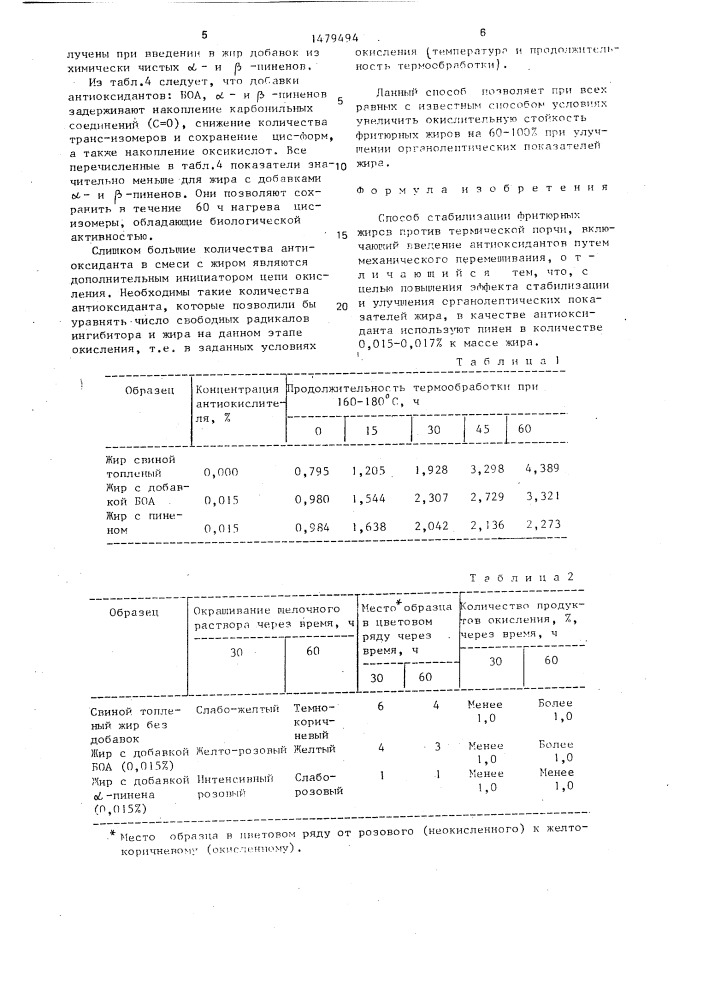 Способ стабилизации фритюрных жиров против термической порчи (патент 1479494)