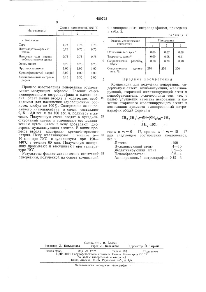 Композиция для получения пенорезины (патент 480722)