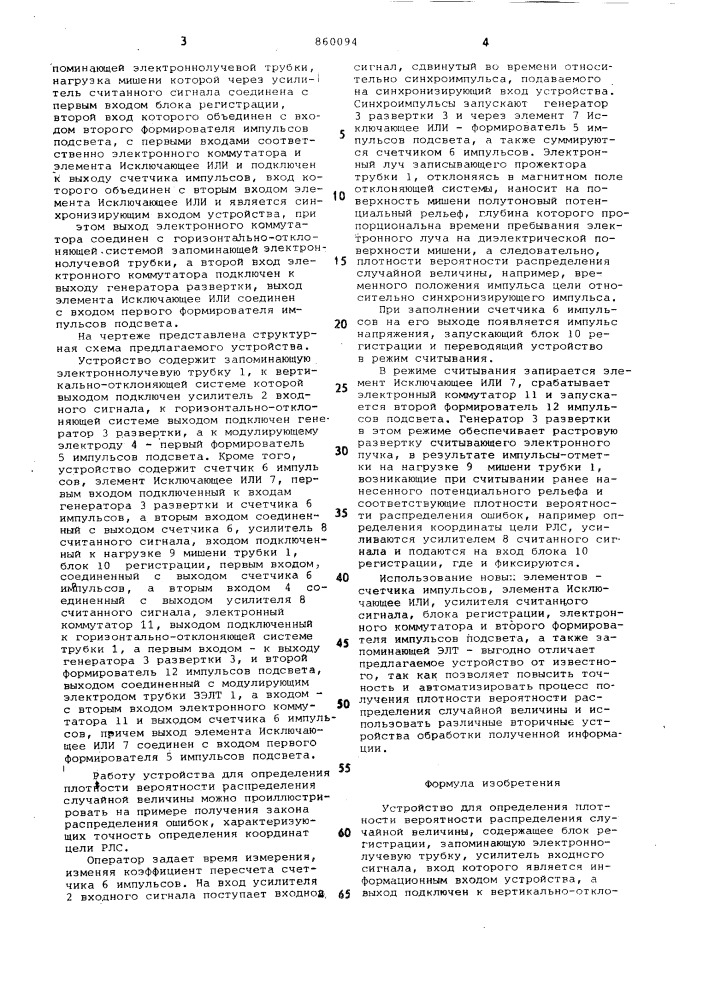 Устройство для определения плотности вероятности распределения случайной величины (патент 860094)