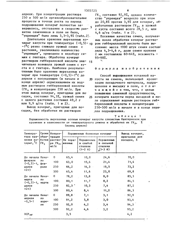 Способ выращивания кочанной капусты на семена (патент 1503725)