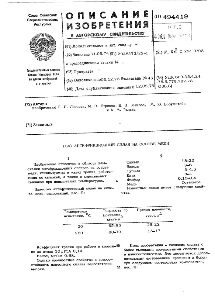 Антифрикционный сплав на основе меди (патент 494419)