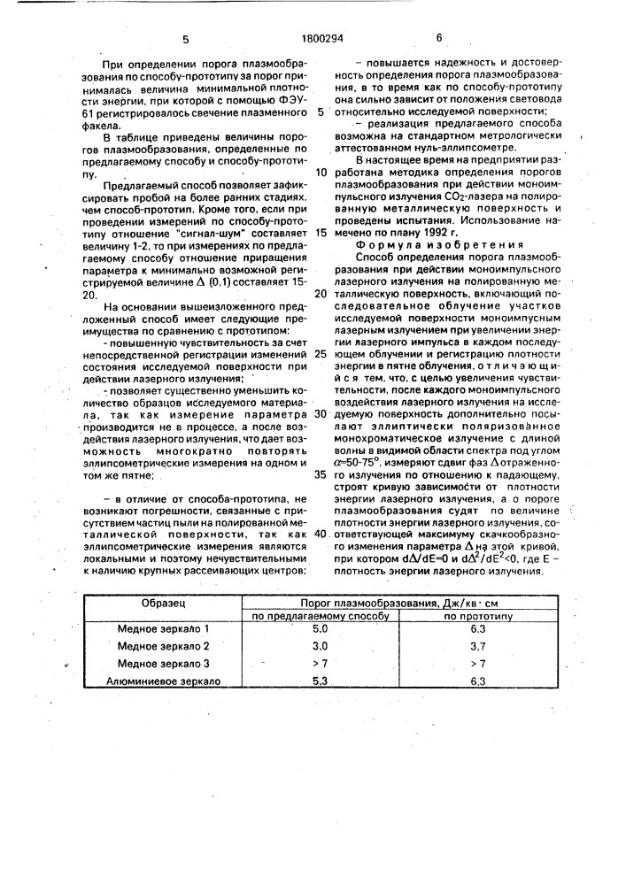 Способ определения порога плазмообразования при действии моноимпульсного лазерного излучения на полированную металлическую поверхность (патент 1800294)