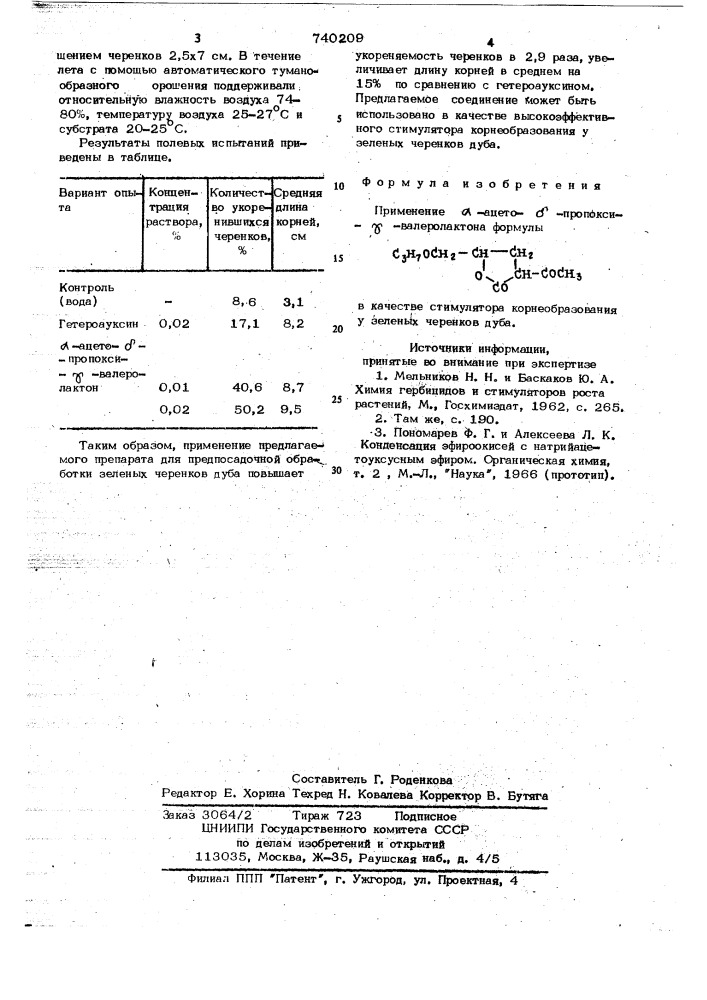 Стимулятор корнеобразования у зеленых черенков дуба (патент 740209)