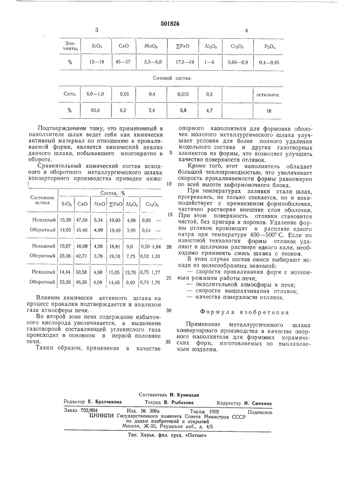 Опорный наполнитель для формовки керамических форм (патент 501826)