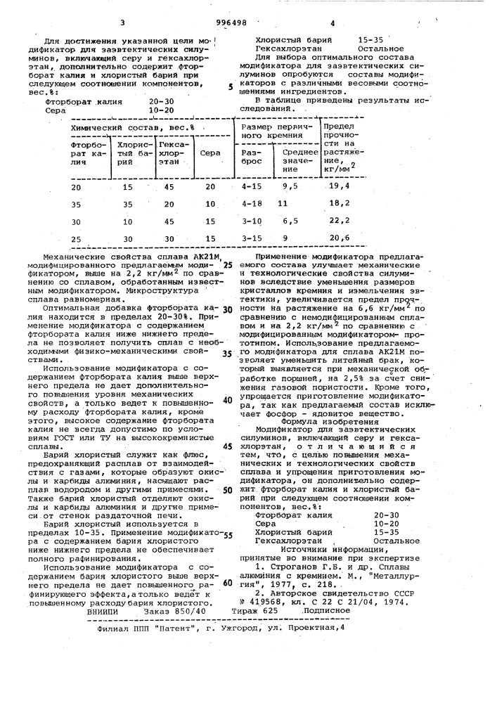 Модификатор для заэвтектических силуминов (патент 996498)
