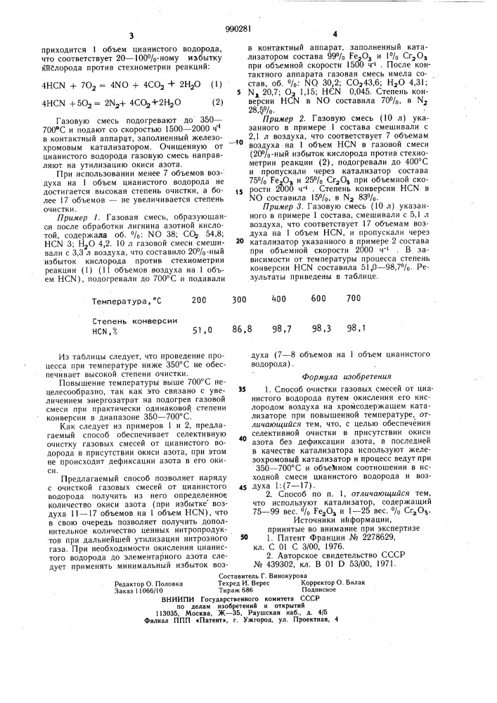 Способ очистки газовых смесей от цианистого водорода (патент 990281)