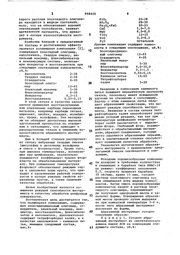 Полимерная композиция для изготовления абразивного инструмента (патент 958450)