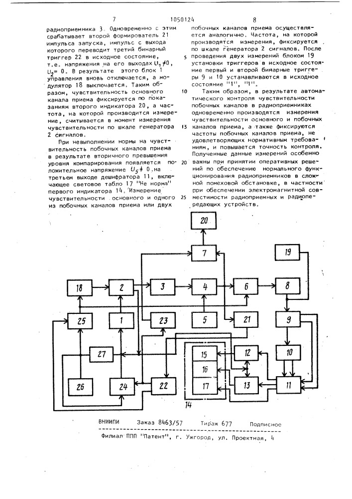 Устройство для контроля и измерения чувствительности побочных каналов в радиоприемниках (патент 1050124)