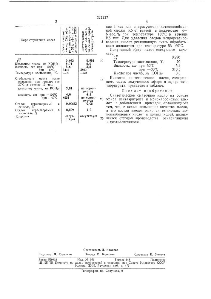 Синтетическое смазочное масло (патент 327237)