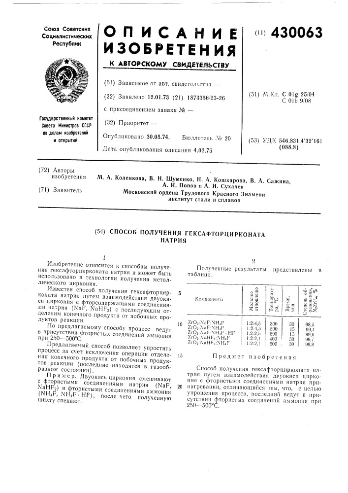 Способ получения гексафторцирконатанатрия (патент 430063)