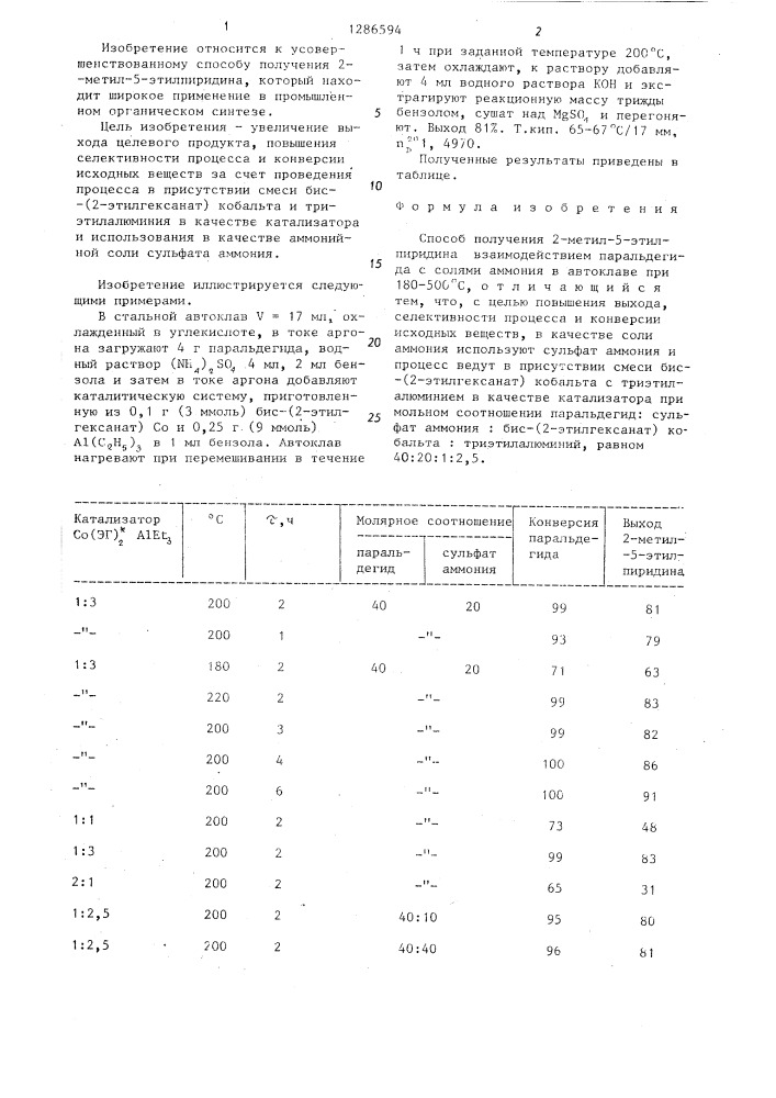 Способ получения 2-метил-5-этилпиридина (патент 1286594)