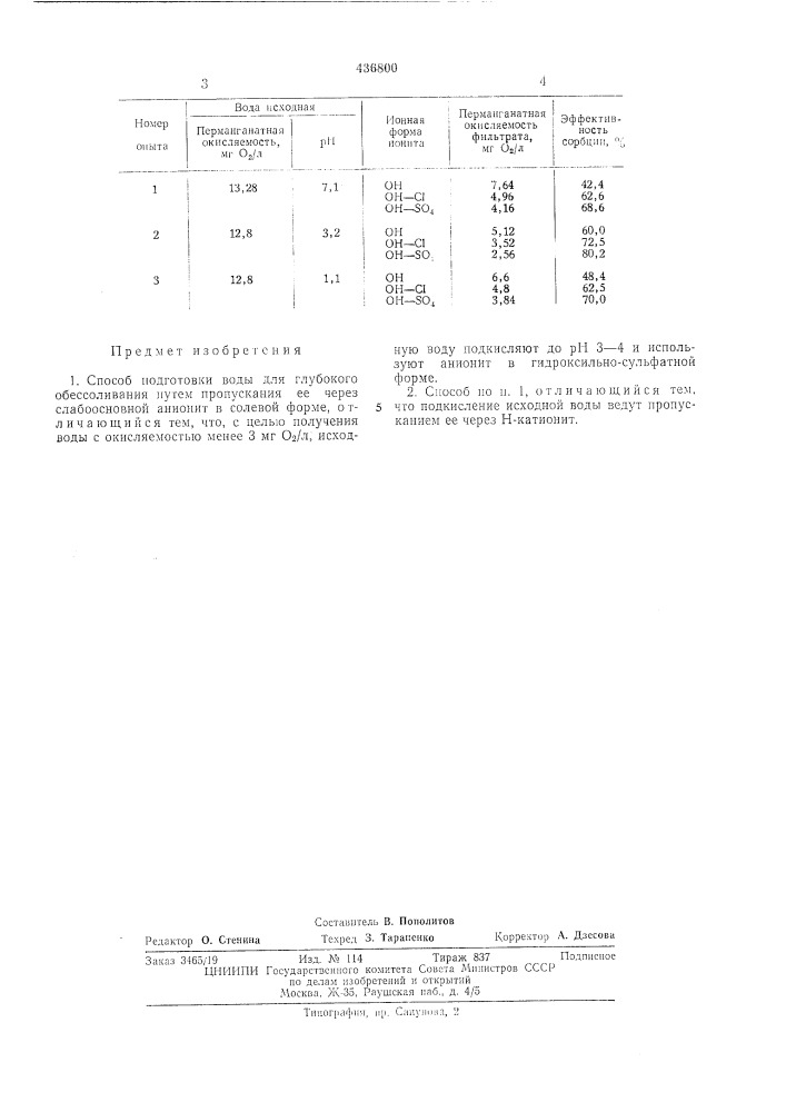 Способ подготовки воды для глубокого обессоливания (патент 436800)