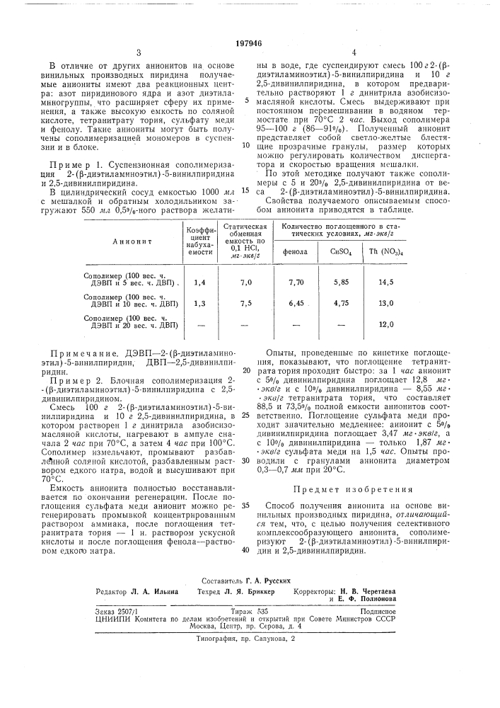 Способ получения анионита (патент 197946)