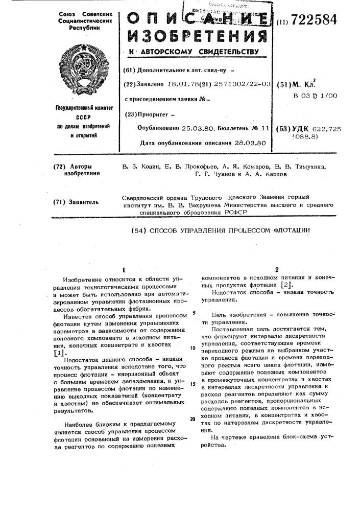 Способ управления процессом флотации (патент 722584)