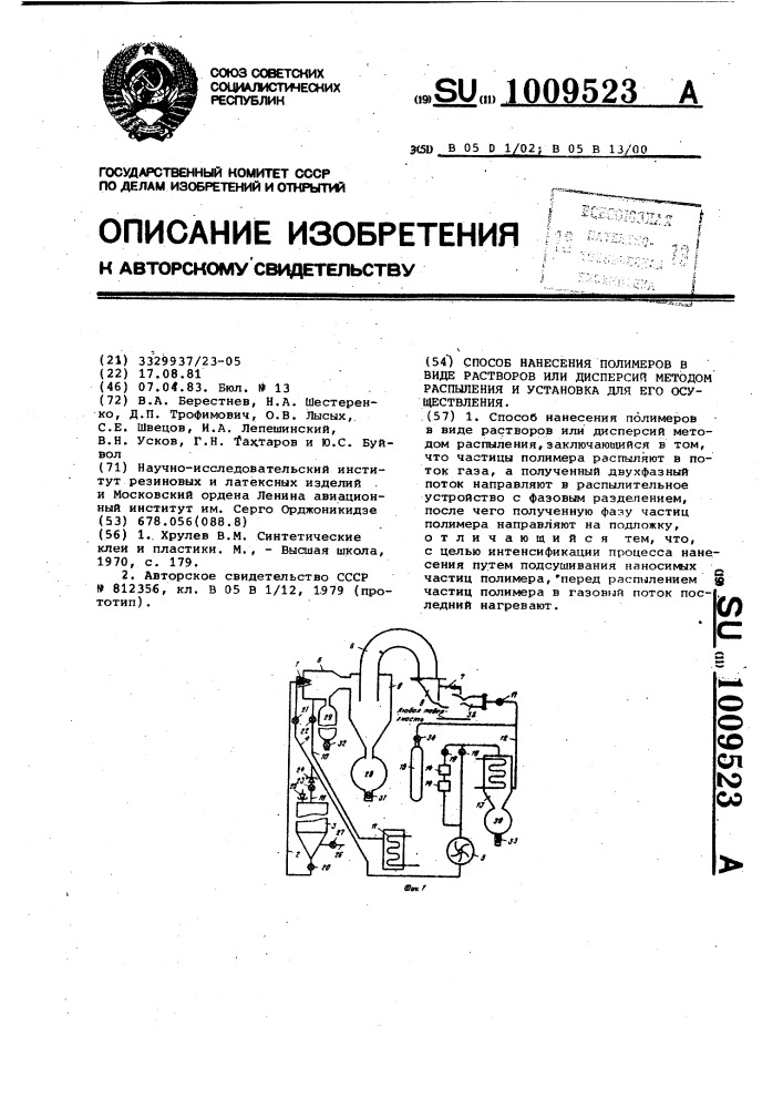 Способ нанесения полимеров в виде растворов или дисперсий методом распыления и установка для его осуществления (патент 1009523)