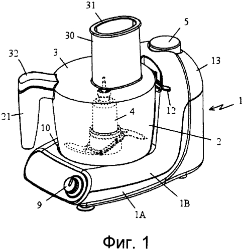 Электробытовое устройство для приготовления пищи, содержащее емкость, в которой находится режущий инструмент, приводимый во вращение двигателем (патент 2565658)