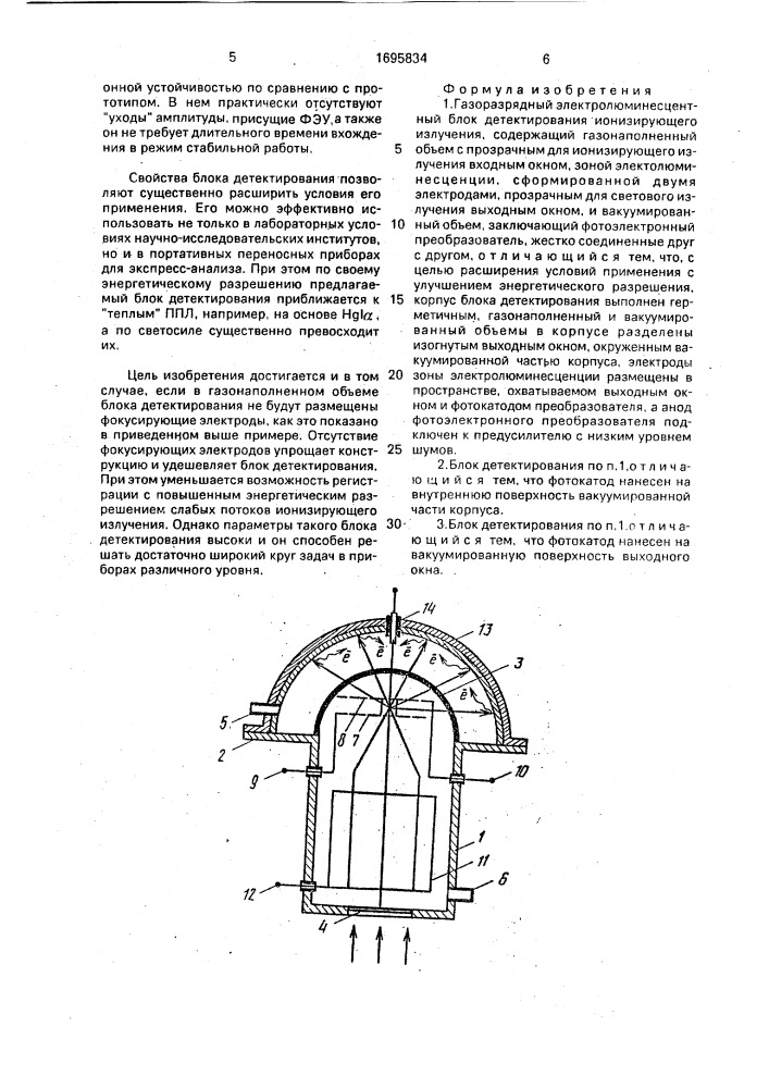 Газоразрядный электролюминесцентный блок детектирования ионизирующего излучения (патент 1695834)