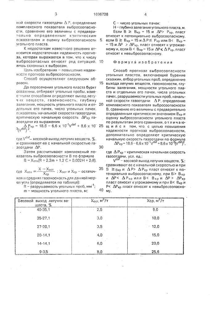 Способ прогноза выбросоопасности угольных пластов (патент 1696728)