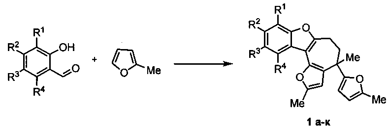 Способ получения производных 5, 6-дигидро-4н-фуро[2', 3':3, 4]циклогепта[1, 2-b]бензофурана (патент 2602822)
