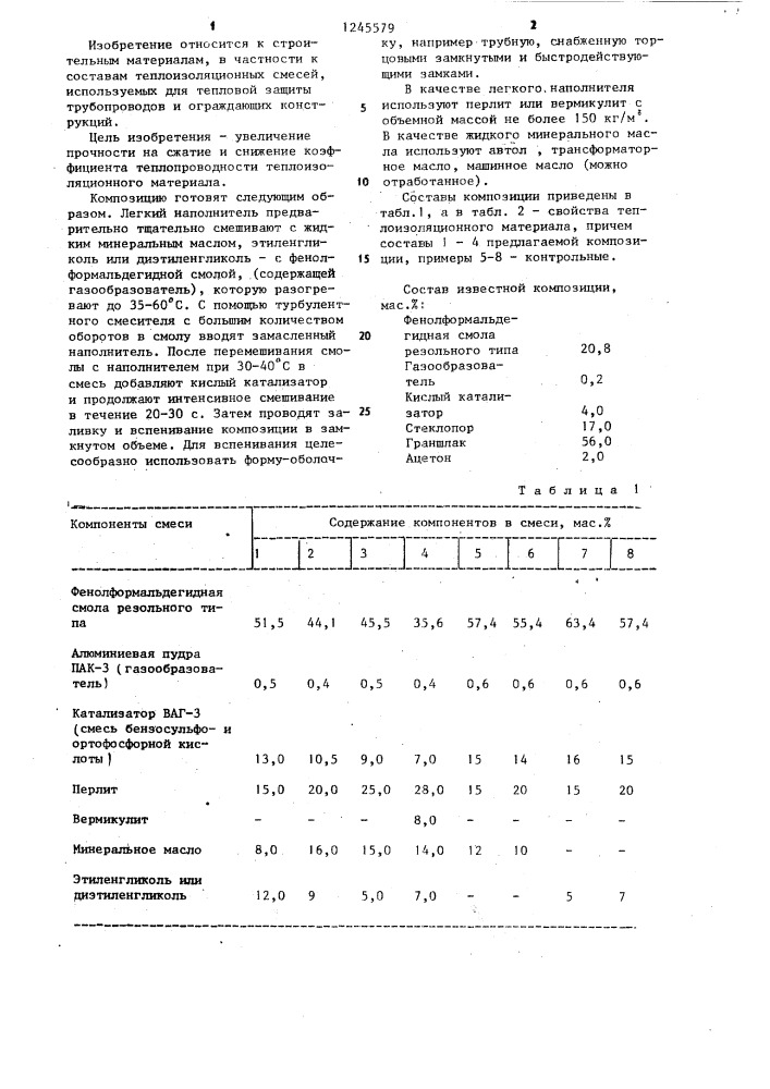 Композиция для получения теплоизоляционного материала (патент 1245579)