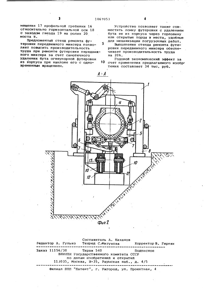 Стенд ремонта футеровки передвижного миксера (патент 1067053)