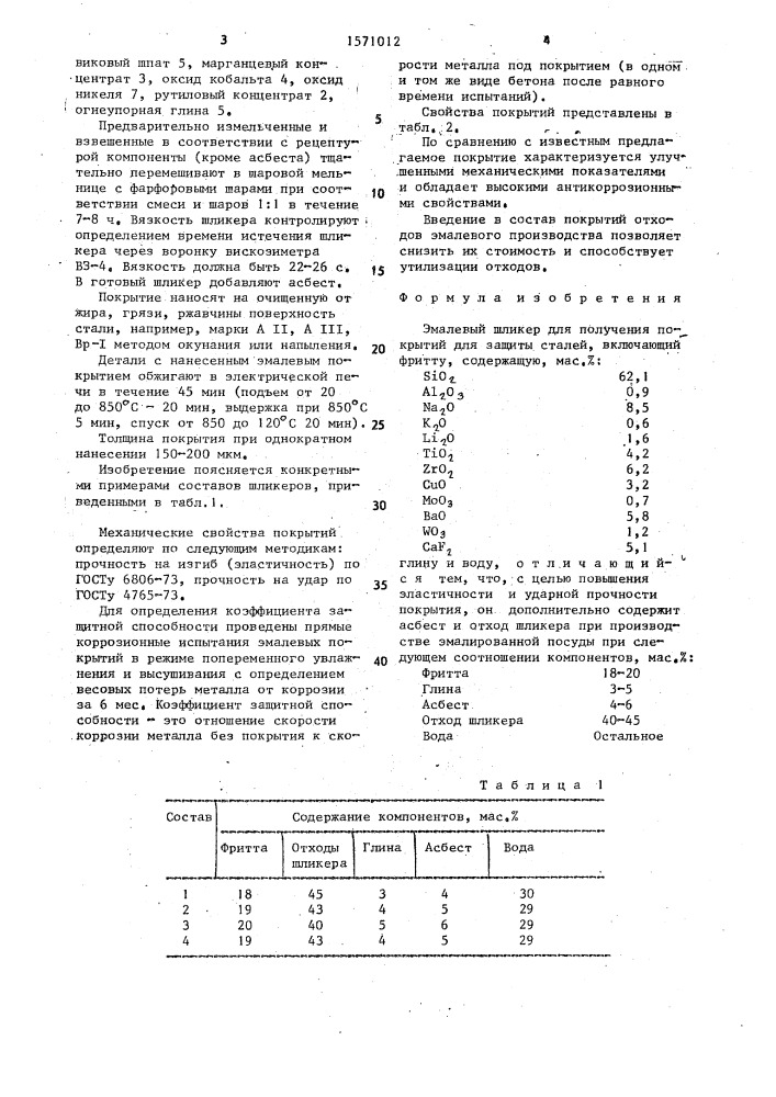 Эмалевый шликер для получения покрытий для защиты сталей (патент 1571012)