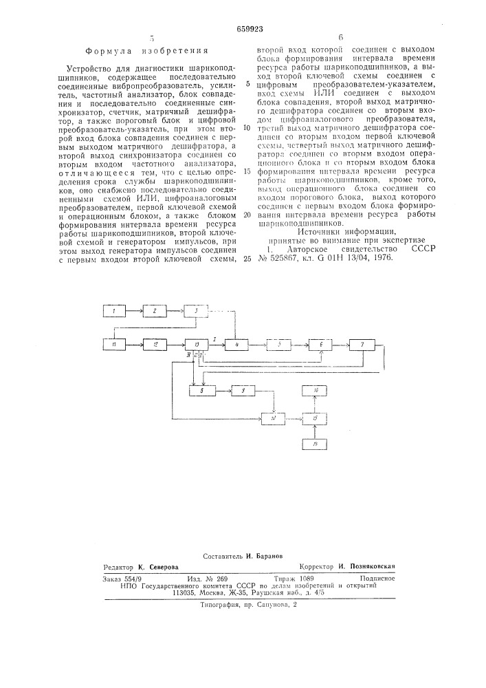 "устройство для диагностики шарикоподшипников (патент 659923)