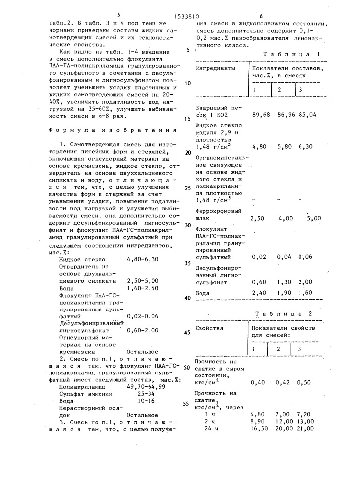 Самотвердеющая смесь для изготовления литейных форм и стержней (патент 1533810)