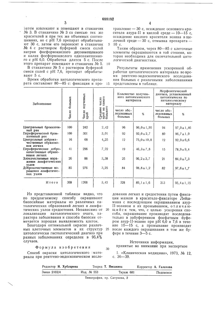 Способ окраски цитологического материала при рентгено- эндоскопическом исследовании легких и средостения (патент 688182)