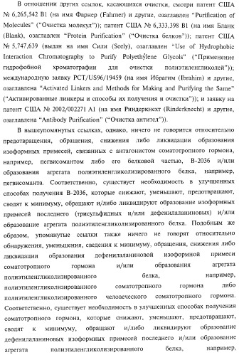 Способ получения соматотропного гормона со сниженным содержанием агрегата его изоформ, способ получения антагониста соматотропного гормона со сниженным содержанием агрегата его изоформ и общим суммарным содержанием трисульфидной примеси и/или дефенилаланиновой примеси (патент 2368619)