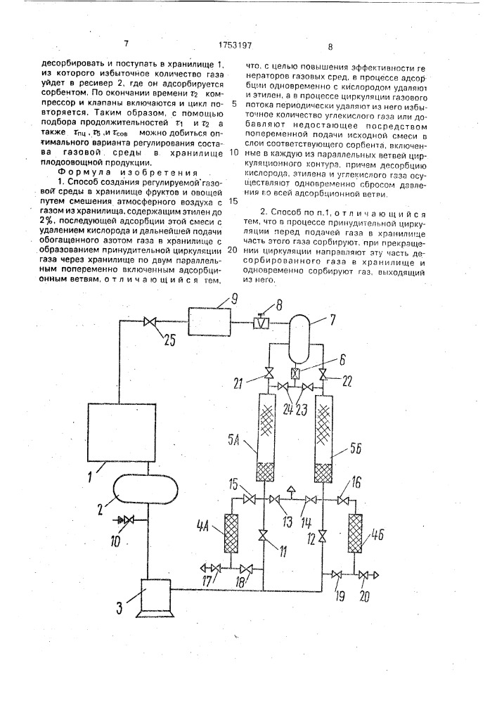Способ создания регулируемой газовой среды в хранилище фруктов и овощей (патент 1753197)