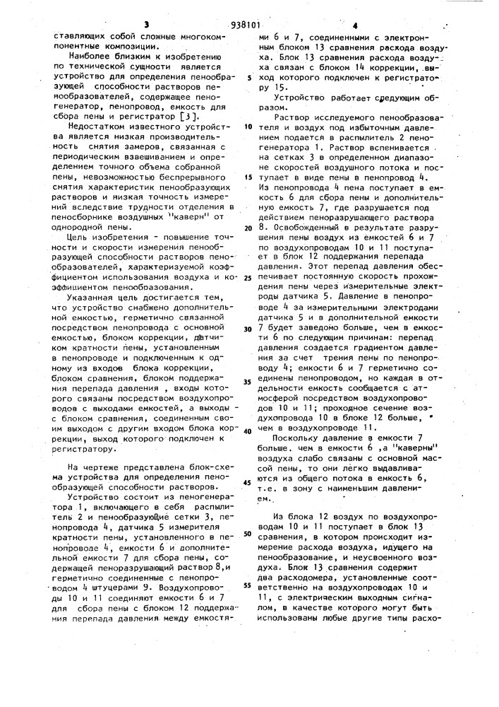 Устройство для определения пенообразующей способности растворов пенообразователей (патент 938101)